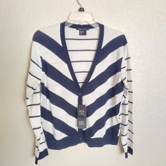 NWT Armani Exchange Navy Blue White Striped Cardigan Sweater SZ M - Picture 1 of 8